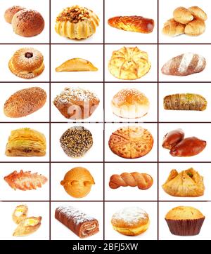 Collage de différentes pâtisseries et produits de boulangerie, isolé sur blanc Banque D'Images