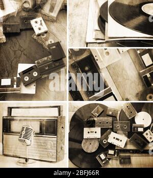 Disques vinyles, cassettes audio, microphone et radio en collage Banque D'Images