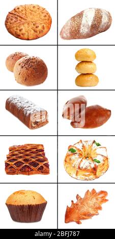 Collage de différentes pâtisseries et produits de boulangerie, isolé sur blanc Banque D'Images