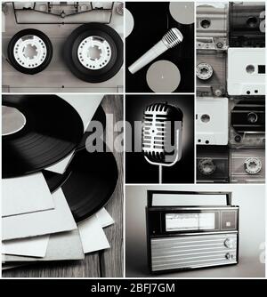 Disques vinyles, cassettes audio, microphone et radio en collage Banque D'Images