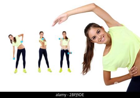 Femme faisant des exercices isolés sur blanc, différentes poses en collage Banque D'Images