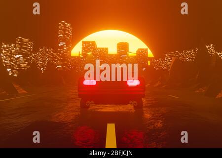 Voiture voyageant dans un magnifique paysage de coucher de soleil à travers une grande ville. Rendu 3D. Vue horizontale Banque D'Images