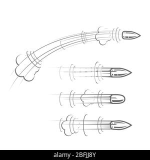 Balles de style comique en vol, tir de dessin animé de cartouche, volley de canon de projectiles Illustration de Vecteur