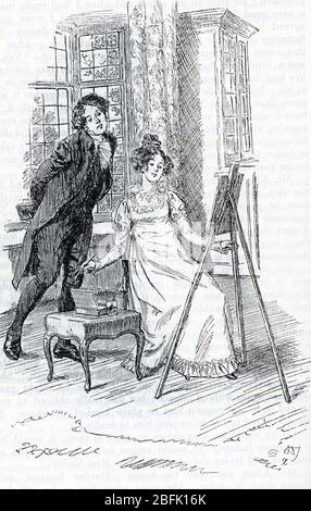 'Tr Elton faussant admirateur le portrait d'Harriett execute par Emma' Illustration de Hugh Thomson (1860-1920) pour 'Emma' de Jane Austen (Illustration b Banque D'Images