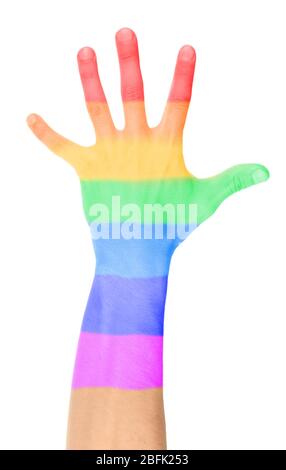 La main de l'homme a peint comme le drapeau arc-en-ciel isolé sur blanc Banque D'Images