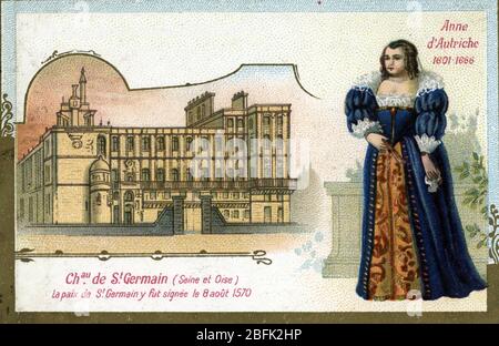 Portrait d'Anne d'Autriche (1601-1666) et le château de Saint Germain en Laye, Yvelines Chromolographie du 19eme siecle Collection privee Banque D'Images