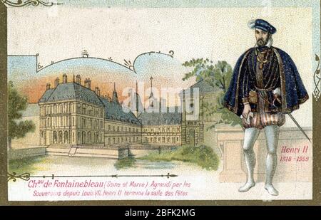 Portrait de henri II (1518-1559) au château de Fontainebleau en seine et Marne (Henri II au château de Fontainebleau) Chromolithographie de la fin Banque D'Images