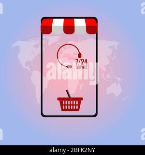 conception de vecteur de marketing mobile ouvert 24 h/24 et 7 j/7 sur la carte du monde Banque D'Images