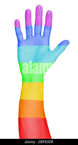 La main de l'homme a peint comme le drapeau arc-en-ciel isolé sur blanc Banque D'Images