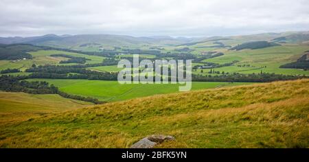 Terres agricoles à Tweeddale de Cademuir Hill, près de Peebles, Scottish Borders, Ecosse, Royaume-Uni. Banque D'Images