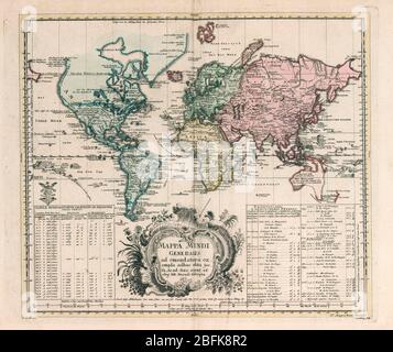 MAPPA Mundi generalis carte générale du monde par Euler, Leonhard, 1707-1783 publié en 1753 par Ex officina Michaelis, Berolini. Carte de gravure de copperplate couleur à la main sur 2 feuilles. Spectacles Amérique du Nord la côte nord-ouest est vide et une rivière fournit le passage entre les Grands Lacs et le Pacifique. L'Australie et la Nouvelle-Zélande sont représentées par des côtes partiellement remplies. Relief illustré en image. Le méridien de prime est Ferro. Comprend deux grandes tables d'explication. Dans le coin inférieur droit : 27. MAPPA Mundi Generalis. Banque D'Images