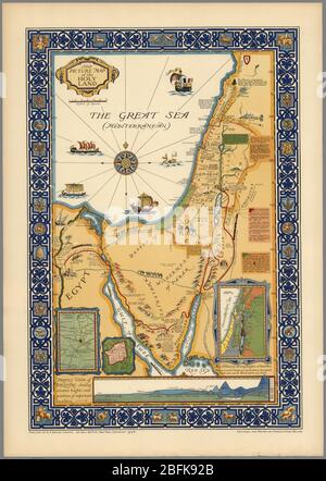 La carte de la Terre Sainte publiée par R.R. Bowker Company en 1928 carte graphique couleur encadrée par bordure décorative. Affiche les frontières historiques, les routes, le chemin de fer, les lieux nommés dans le Nouveau Testament. Montre également la route d'Israël vers la terre promise en Egypte vers le fleuve Jordanie, les routes utilisées par tous ceux qui ont voyagé entre l'Egypte et la Palestine, ancienne route de caravane, le Caire à la Mecque. Inclut des emplacements clés du récit biblique, des vues sur les bateaux de voile sur la Grande Mer (Méditerranée). Relief illustré en image. Banque D'Images