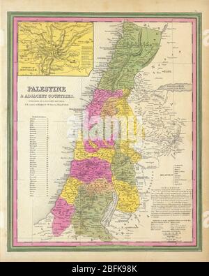 Carte ancienne de Palestine et pays adjacents. Par Mitchell, Samuel Augustus publié en 1846 en couleur par région avec les provinces turques numérotées et listées. Palestine et pays adjacents. (Avec) les environs de Jérusalem. Publié par S. Augustus Mitchell, N.E. Coin du marché et 7ème rue Philada., 1846. Entrée 1846 par H.N. Burroughs, Pennsylvanie. Banque D'Images