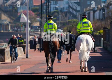 Portobello, Écosse, Royaume-Uni. 19 avril 2020. Cheval de police monté Logie et Edinburgh - en blanc , patrouillent la promenade et la plage à Portobello le dimanche après-midi ensoleillé. Iain Masterton/Alay Live News Banque D'Images