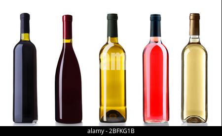 Ensemble de bouteilles de vin blanc, rose et rouge, isolées sur blanc Banque D'Images