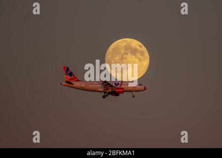 Avion volant devant la lune Banque D'Images