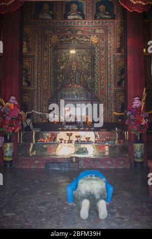 Un homme s'agenouillant avant le bouddha à l'intérieur du temple bouddhiste de Ringa, Shangri la, Chine 2019 Banque D'Images