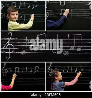 Collage avec élèves ayant une leçon de musique en classe à l'école primaire Banque D'Images