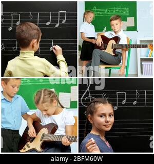 Collage avec élèves ayant une leçon de musique en classe à l'école primaire Banque D'Images