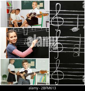 Collage avec élèves ayant une leçon de musique en classe à l'école primaire Banque D'Images