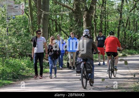 Haltern am See, NRW, Allemagne. 19 avril 2020. Les gens marchent et pédalez le long du lac Haltern, un lieu de loisir populaire le week-end, pas tout le monde semble garder à la règle de distance de 2 m. Dans l'ensemble, les Allemands ont jusqu'à présent assez bien respecté les règles et restrictions de distanciation sociale à la vie publique, les taux d'infection se nivelant lentement et tôt indiquant que les mesures fonctionnent. Crédit: Imagetraceur/Alay Live News Banque D'Images