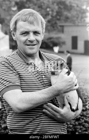 L'acteur Anthony Hopkins a rencontré un pingouin au zoo de Londres pour promouvoir un nouveau spectacle de télévision sur la faune en 1989. Banque D'Images