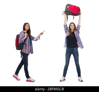 L'élève fille avec sac à dos isolated on white Banque D'Images