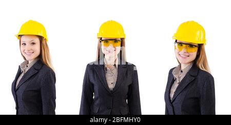 La femme travailleur de la construction isolée sur blanc Banque D'Images