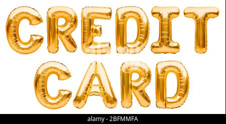 Mots CARTE DE CRÉDIT faite de ballons gonflables dorés isolés sur fond blanc. Ballons d'hélium feuille d'or formant des mots carte de crédit. Affaires Banque D'Images