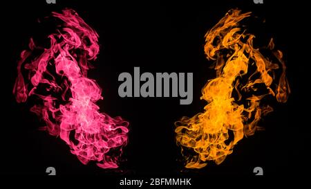 Feu de couleur sur fond noir. Motifs flamboyants et fumée abstraite. Concept, idée, projet. Banque D'Images
