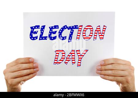 Carte de main avec texte jour de l'élection isolé sur blanc Banque D'Images