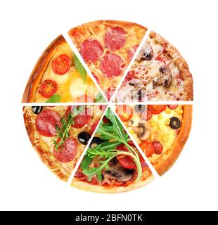 Différentes tranches de pizza isolées sur blanc Banque D'Images