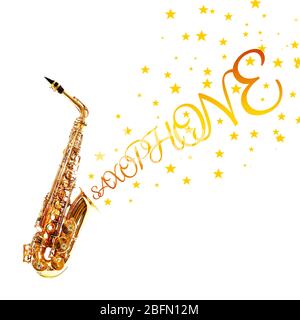 Saxophone doré avec étoiles qui en sortent isolées sur blanc Banque D'Images