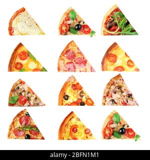 Différentes tranches de pizza isolées sur blanc Banque D'Images