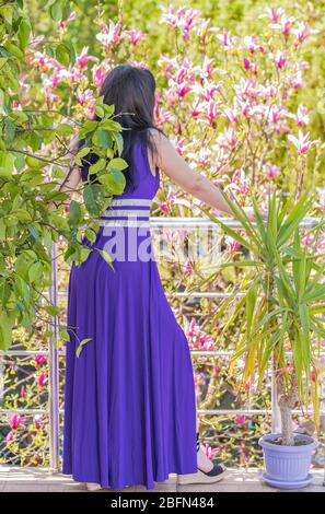 La fille de la terrasse donne sur un jardin plein de fleurs Banque D'Images