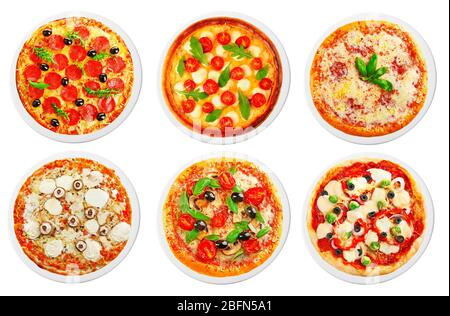 Ensemble de pizzas différentes isolated on white Banque D'Images