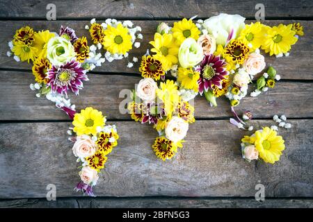 Plan de monde fait de différentes sortes de fleurs, sur fond de bois Banque D'Images