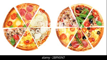 Différentes tranches de pizza isolées sur blanc Banque D'Images