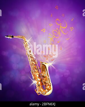 Saxophone doré et notes coulant de lui sur fond violet Banque D'Images