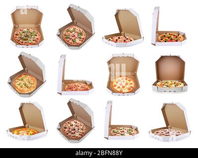 Ensemble de délicieuses pizzas dans des boîtes de livraison sur fond blanc. Banque D'Images
