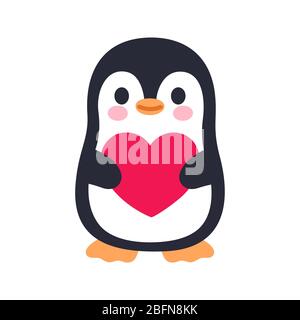 Joli personnage de pingouin à motif dessin animé tenant le cœur. Illustration d'art vectoriel isolée de petit pingouin de Kawaii. Je t'aime carte de vœux. Banque D'Images