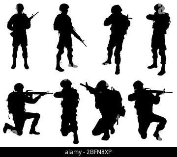 Silhouettes de soldats sur fond blanc. Concept de service militaire. Banque D'Images