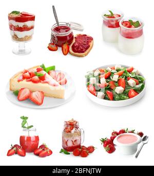 Collage de différents plats avec fraise sur fond blanc Banque D'Images