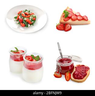 Collage de différents plats avec fraise sur fond blanc Banque D'Images