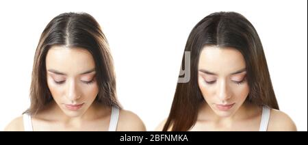 Belle jeune femme avant et après la procédure de l'extension de cheveux dans le salon professionnel sur fond blanc Banque D'Images