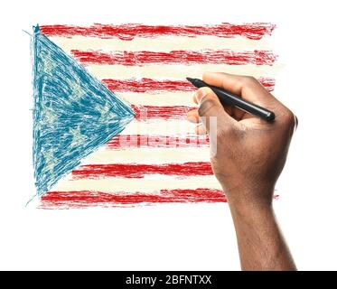 Main masculine dessiner drapeau USA sur fond blanc Banque D'Images