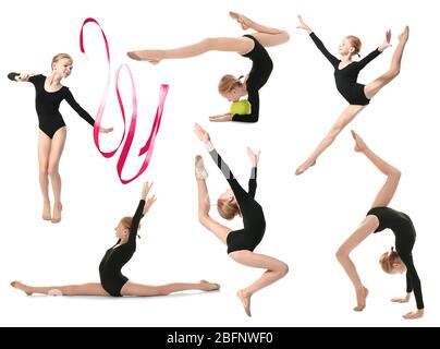 Fille faisant des exercices de gymnastique sur fond blanc Banque D'Images