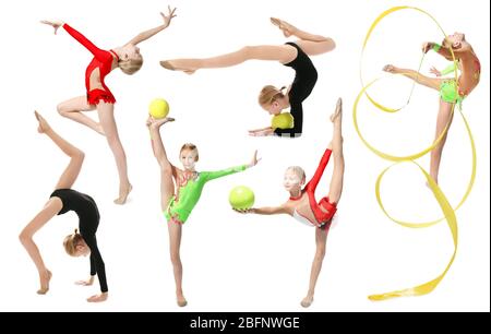 Fille faisant des exercices de gymnastique sur fond blanc Banque D'Images