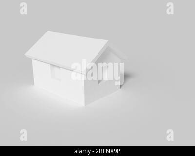 Modèle simple de petite maison blanche sur fond gris clair, illustration de rendu tridimensionnel Banque D'Images