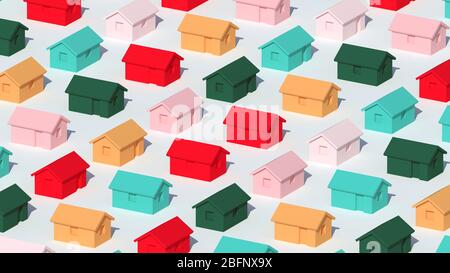 Une gamme de petites maisons rurales colorées sur fond blanc, une représentation CGI abstraite en bloc de ville, une illustration de rendu tridimensionnelle Banque D'Images